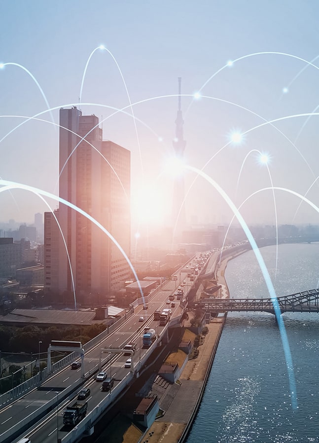 city and motorway next to water