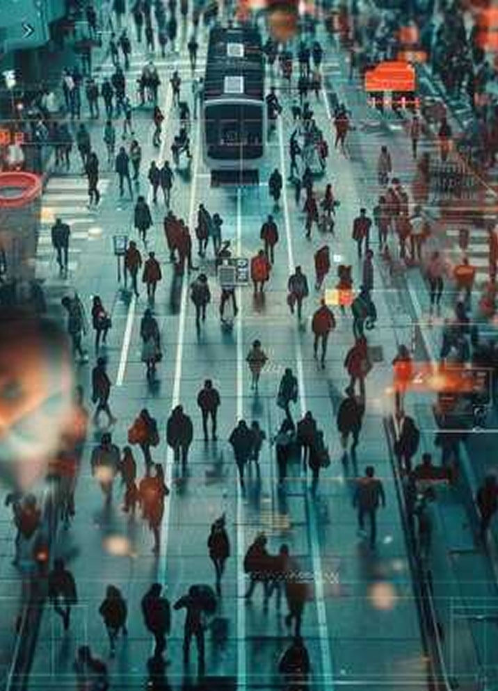 People walking through city