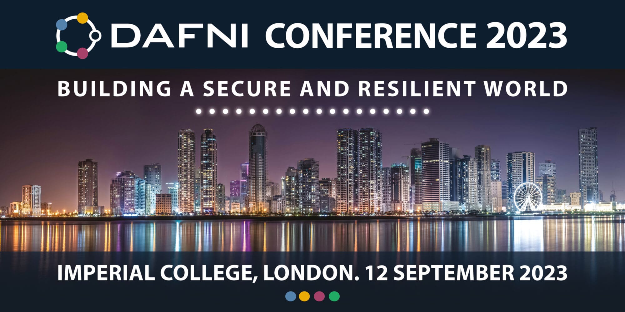 DAFNI 2023 conference advertising tile showing London city skyline lit up