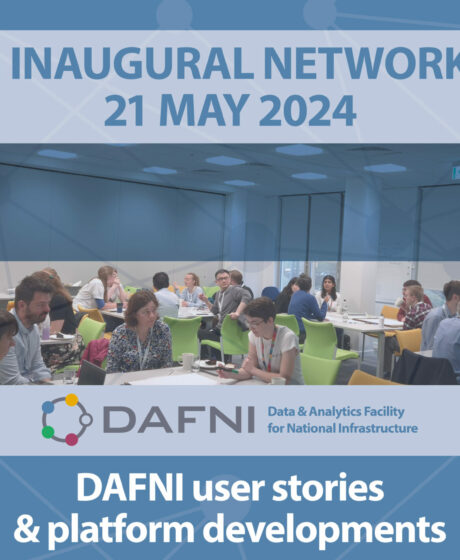 Advertising tile showing the DAFNI Networkshop, 21 May 2024 with image showing people networking at the event