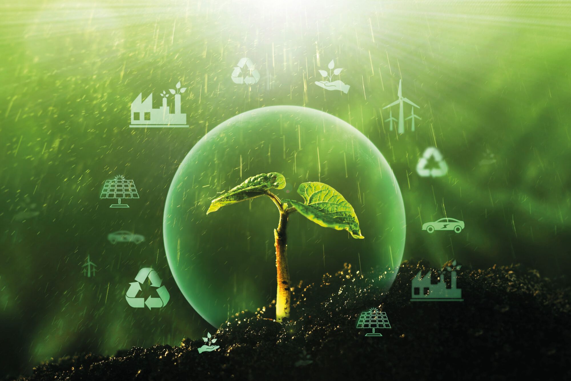 A small plant growing encircled by a sphere.