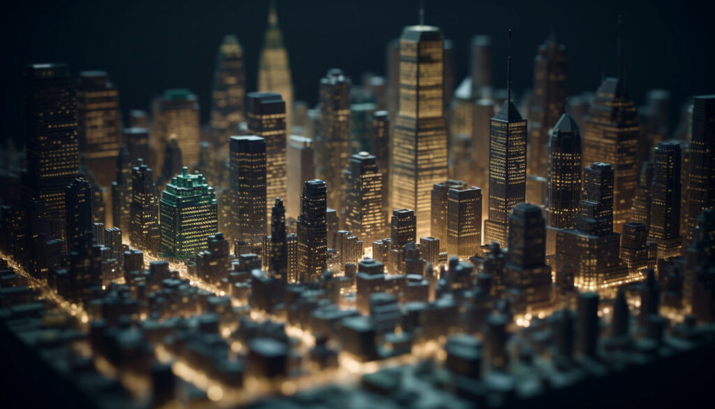Modern city skyline glows with colorful lights at dusk generative AI