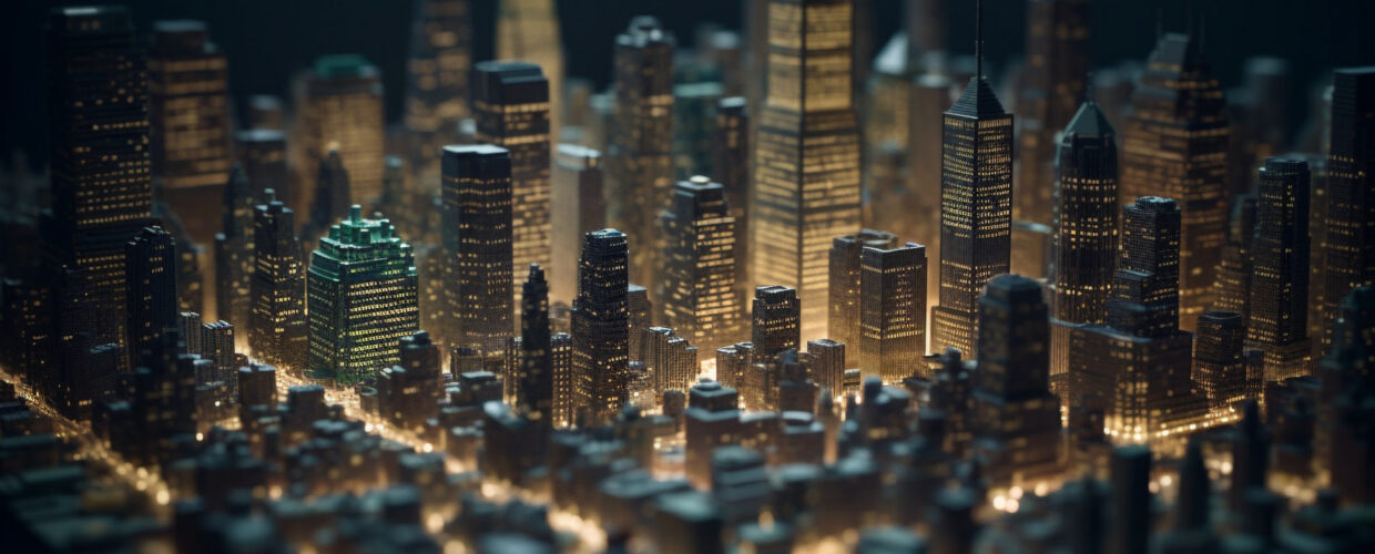 Modern city skyline glows with colorful lights at dusk generative AI