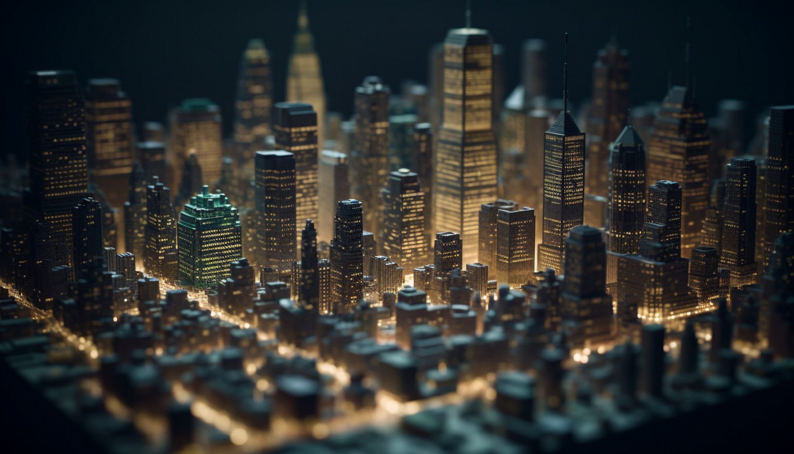 Modern city skyline glows with colorful lights at dusk generative AI