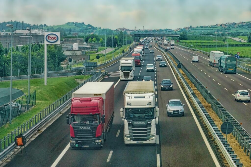 Lorries and cars on UK motorway