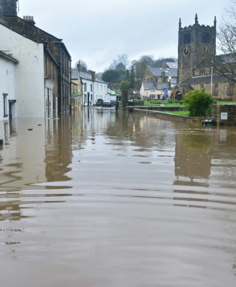 Flooded town with church in background